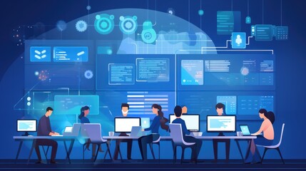 Wall Mural - a scene showcasing a team of software developers coding, collaborating, and testing applications in 