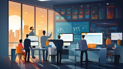 A scene showcasing a team of software developers coding, collaborating, and testing applications in a modern development environment	
