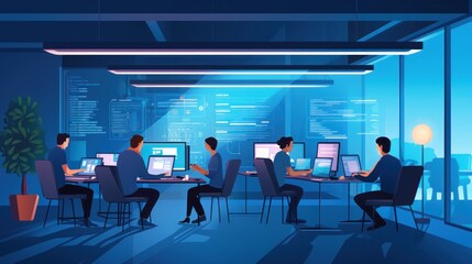A scene showcasing a team of software developers coding, collaborating, and testing applications in a modern development environment	
