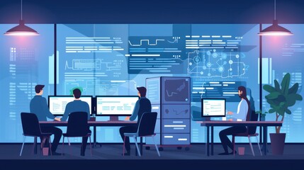 A scene showcasing a team of software developers coding, collaborating, and testing applications in a modern development environment	
