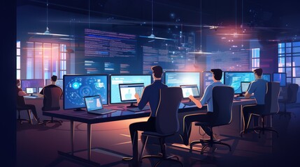 A scene showcasing a team of software developers coding, collaborating, and testing applications in a modern development environment	
