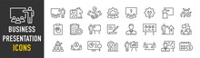 Business Presentation Web Icons In Line Style. Meeting, Conference, Business People, Audience, Briefing, Plan, Collection. Vector Illustration.