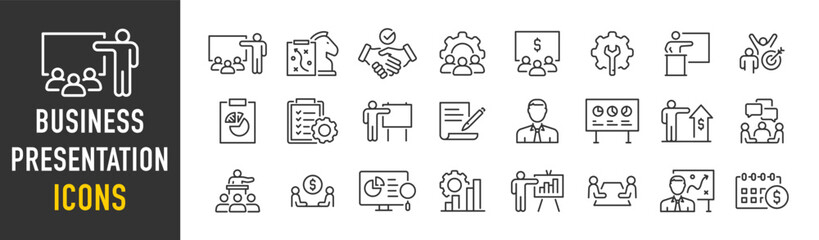 Wall Mural - Business presentation web icons in line style. Meeting, conference, business people, audience, briefing, plan, collection. Vector illustration.