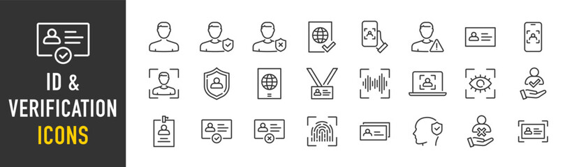 ID and Verification web icons in line style. Passport, biometric, tools, driving license, face id, code, finger, collection. Vector illustration.