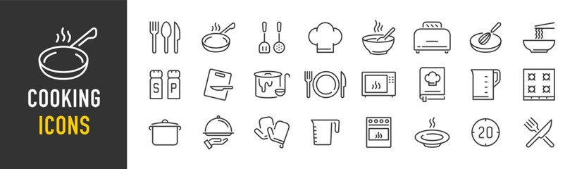 Cooking web icons in line style. Frying pan, fork, knife, recipe book, microwave, collection. Vector illustration.