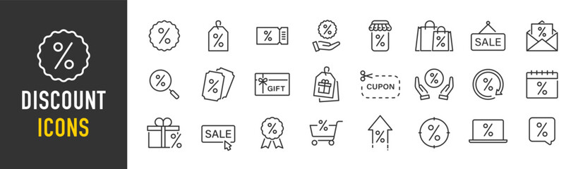 Wall Mural - discount web icons in line style. sale, cupon, shopping, shop, mega sale, outlet, collection. vector