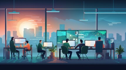 A scene showcasing a team of software developers coding, collaborating, and testing applications in a modern development environment