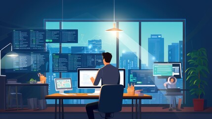 A scene showcasing a team of software developers coding, collaborating, and testing applications in a modern development environment
