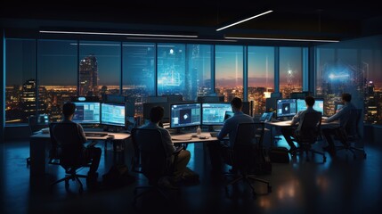 Wall Mural - a scene showcasing a team of software developers coding, collaborating, and testing applications in 