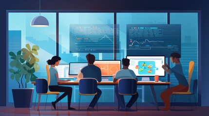 A scene showcasing a team of software developers coding, collaborating, and testing applications in a modern development environment