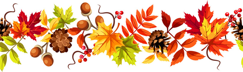 Wall Mural - seamless border with red, orange, yellow, and green autumn leaves, acorns, rowan berries, and pine c
