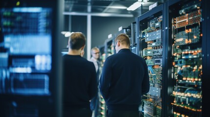 IT specialists confer at a meeting and discuss news in the computer industry
