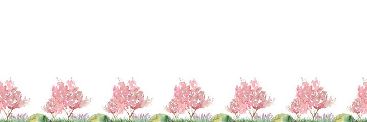 border for site design with plants trees, banner, sketches of landscape design painted with watercolor,