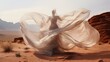 © Marvin Dgn - tissu blanc en mouvement recouvrant une femme au milieu du desert, généré par IA
