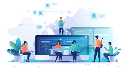 scene depicting a team of developers working on mobile app development, coding for ios or android pl