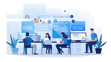Wall Mural - scene depicting a team of developers working on mobile app development, coding for ios or android pl