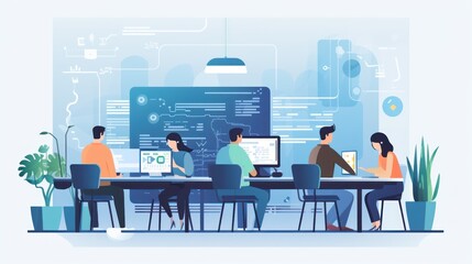 Scene depicting a team of developers working on mobile app development, coding for iOS or Android platforms