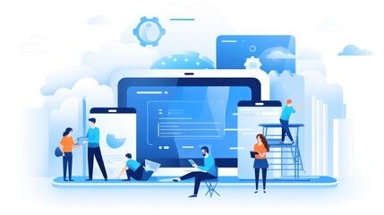 Wall Mural - scene depicting a team of developers working on mobile app development, coding for ios or android pl