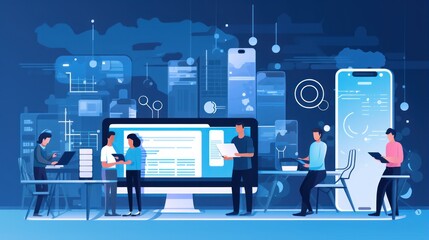 Scene depicting a team of developers working on mobile app development, coding for iOS or Android platforms
