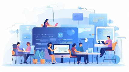 Scene depicting a team of developers working on mobile app development, coding for iOS or Android platforms