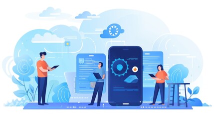 Wall Mural - scene depicting a team of developers working on mobile app development, coding for ios or android pl
