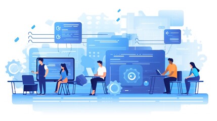 Scene depicting a team of developers working on mobile app development, coding for iOS or Android platforms