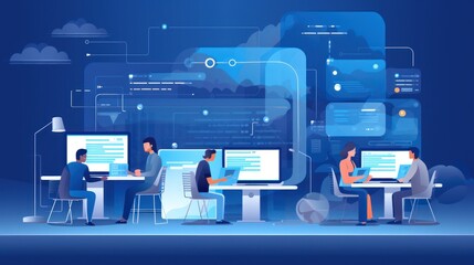 Scene depicting a team of developers working on mobile app development, coding for iOS or Android platforms