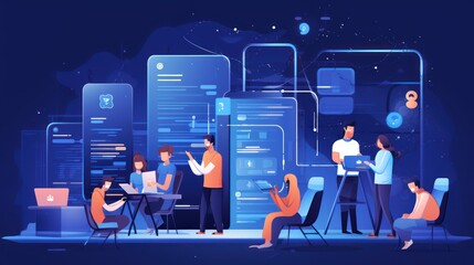 Scene depicting a team of developers working on mobile app development, coding for iOS or Android platforms