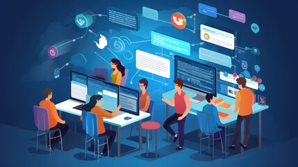 Scene depicting a team of developers working on mobile app development, coding for iOS or Android platforms
