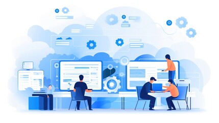Scene depicting a team of developers working on mobile app development, coding for iOS or Android platforms