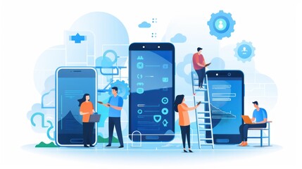 Scene depicting a team of developers working on mobile app development, coding for iOS or Android platforms