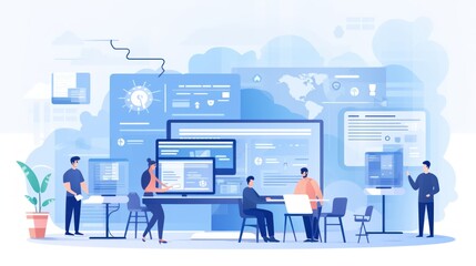 Scene depicting a team of developers working on mobile app development, coding for iOS or Android platforms