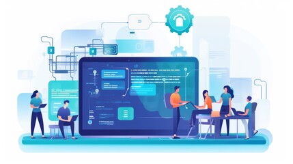 Scene depicting a team of developers working on mobile app development, coding for iOS or Android platforms