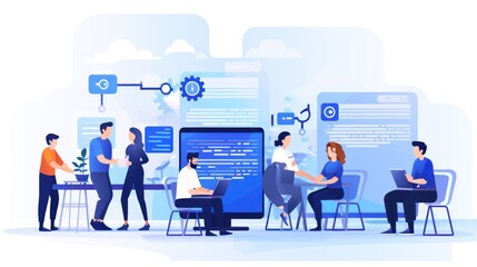 Scene depicting a team of developers working on mobile app development, coding for iOS or Android platforms