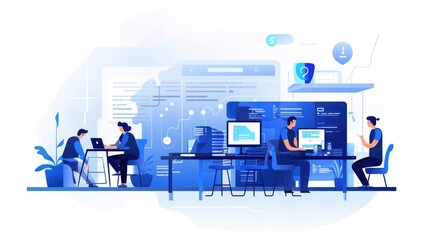 Scene depicting a team of developers working on mobile app development, coding for iOS or Android platforms
