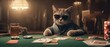 A cat with glasses sits at a table in a casino and plays poker