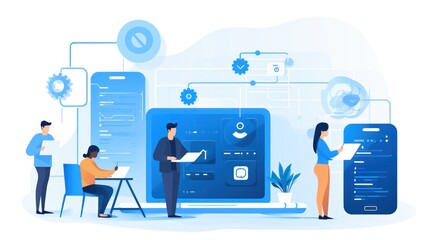 Scene depicting a team of developers working on mobile app development, coding for iOS or Android platforms