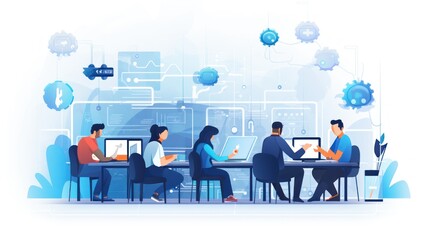 Scene depicting a team of developers working on mobile app development, coding for iOS or Android platforms