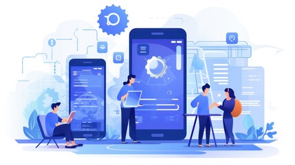 Scene depicting a team of developers working on mobile app development, coding for iOS or Android platforms