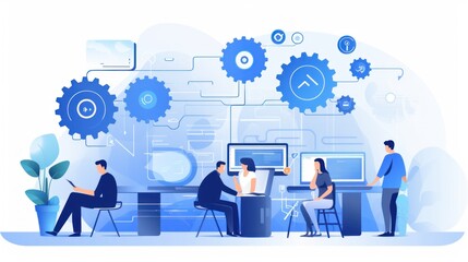 Wall Mural - scene depicting a team of developers working on mobile app development, coding for ios or android pl