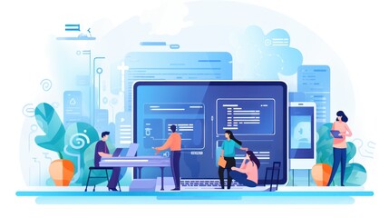 Scene depicting a team of developers working on mobile app development, coding for iOS or Android platforms