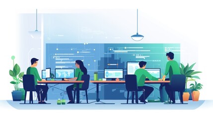 Scene depicting a team of developers working on mobile app development, coding for iOS or Android platforms