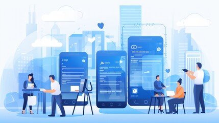 Scene depicting a team of developers working on mobile app development, coding for iOS or Android platforms