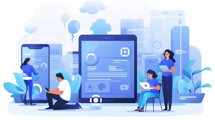 Scene depicting a team of developers working on mobile app development, coding for iOS or Android platforms