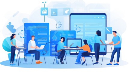 scene depicting a team of developers working on mobile app development, coding for ios or android pl