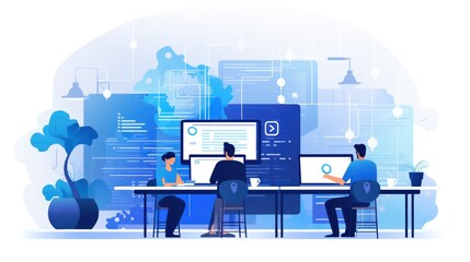 Scene depicting a team of developers working on mobile app development, coding for iOS or Android platforms