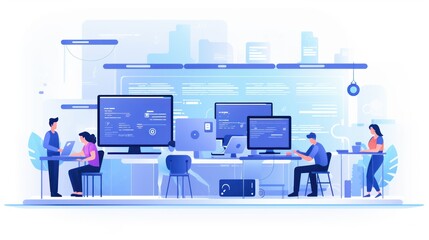 Scene depicting a team of developers working on mobile app development, coding for iOS or Android platforms