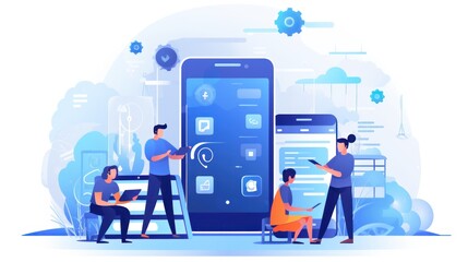 scene depicting a team of developers working on mobile app development, coding for ios or android pl