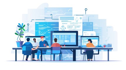Scene depicting a team of developers working on mobile app development, coding for iOS or Android platforms