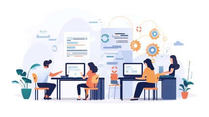 Wall Mural - scene depicting a team of developers working on mobile app development, coding for ios or android pl